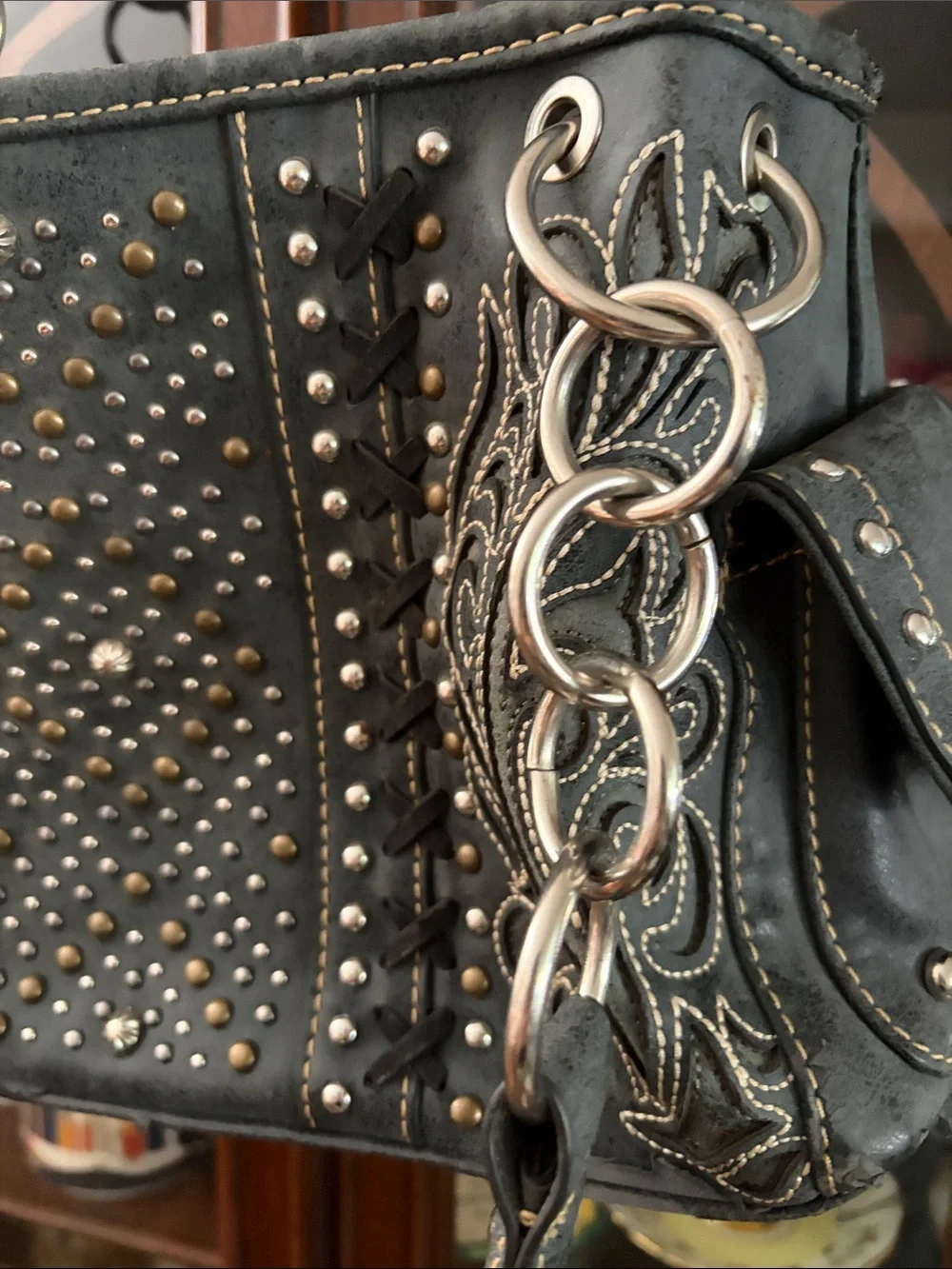 Montana West Black Embroidered Studded Shoulder Bag with Chain Straps - Picture 4 of 10